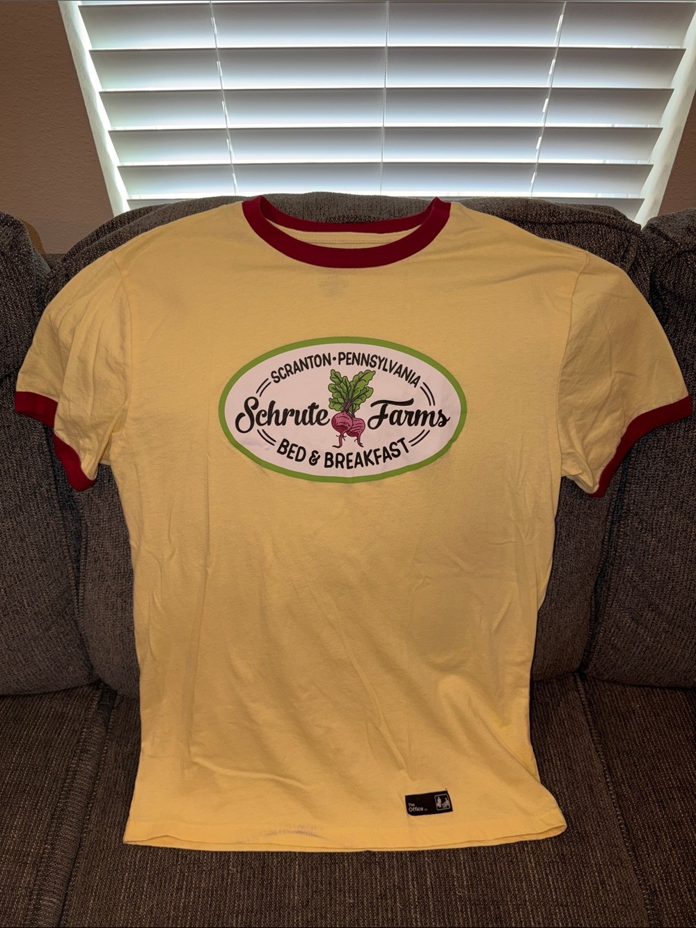 “The Office” Schrute Farms Short Sleeve Ringer Tee in Yellow with Burgundy Trim